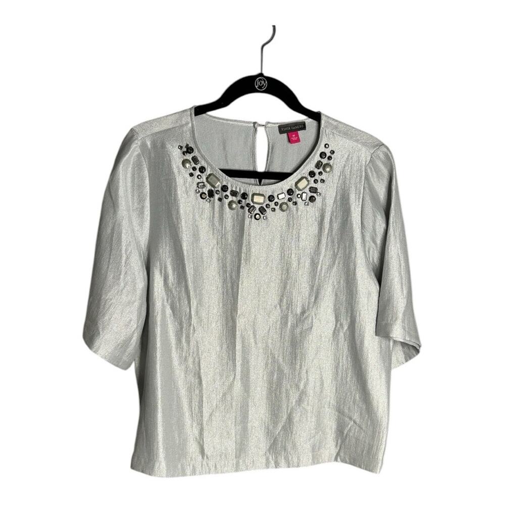 Vince Camuto Shimmery Silver Short Sleeve Top With Beaded Neckline Medium